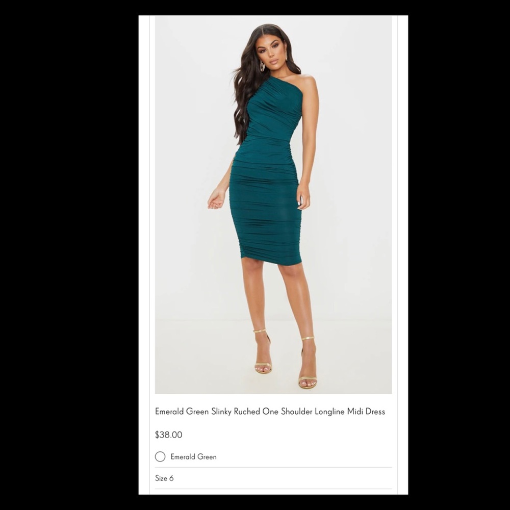 PrettyLittleThing Emerald Green One Shoulder Midi Dress. Size 6.